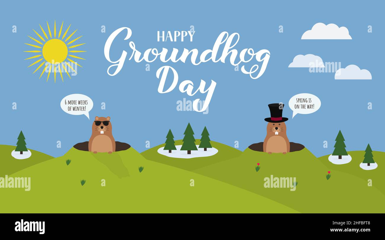 Groundhog Day banner with calligraphy hand lettering and cute cartoon marmots crawling out of hole. Two versions: sunny or cloudy day. Vector template Stock Vector