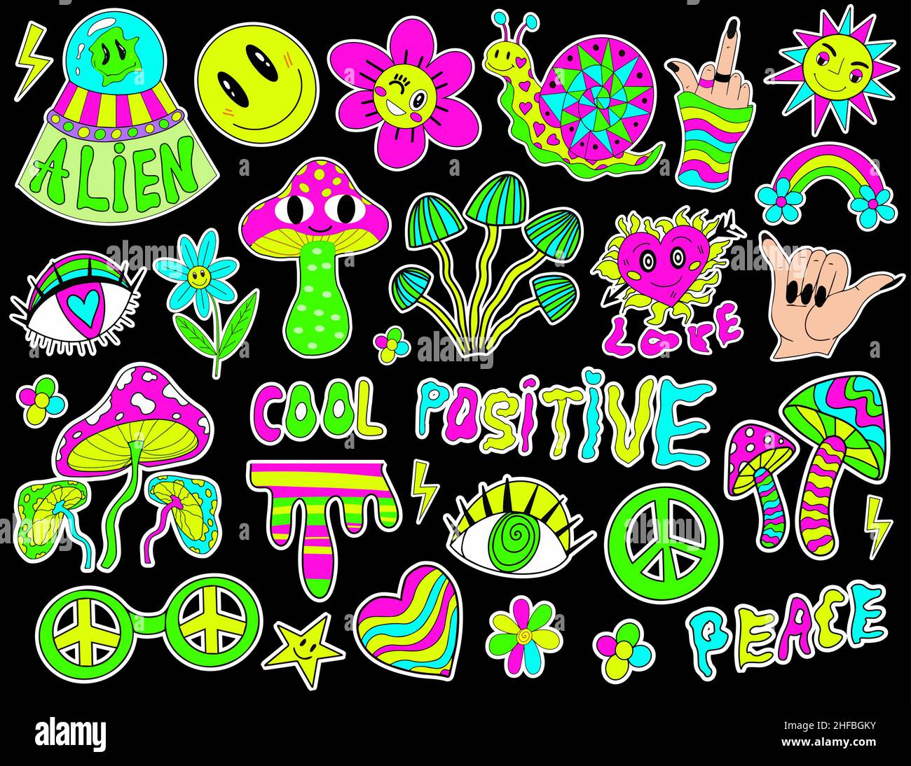 Psychedelic Hipster Set Retro 70s Hippie Stickers Groovy Elements Cartoon Funky Flowers