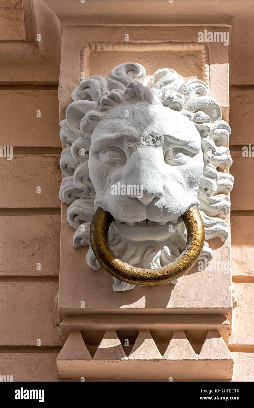 Ornamento de cabeza de león en edificio de Cádiz Stock Photo