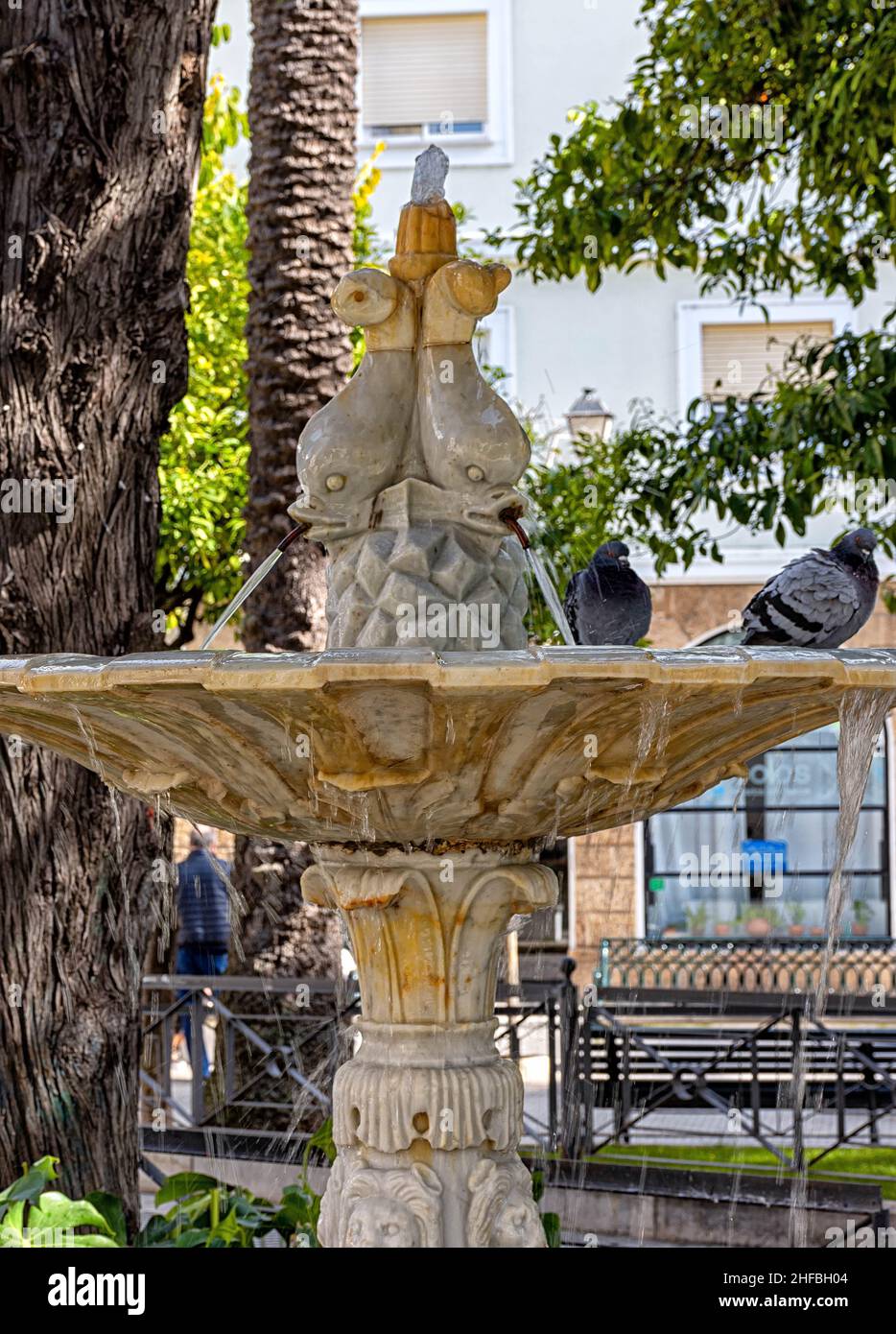 Fuente con peces en parque en la ciudad de Cádiz Stock Photo