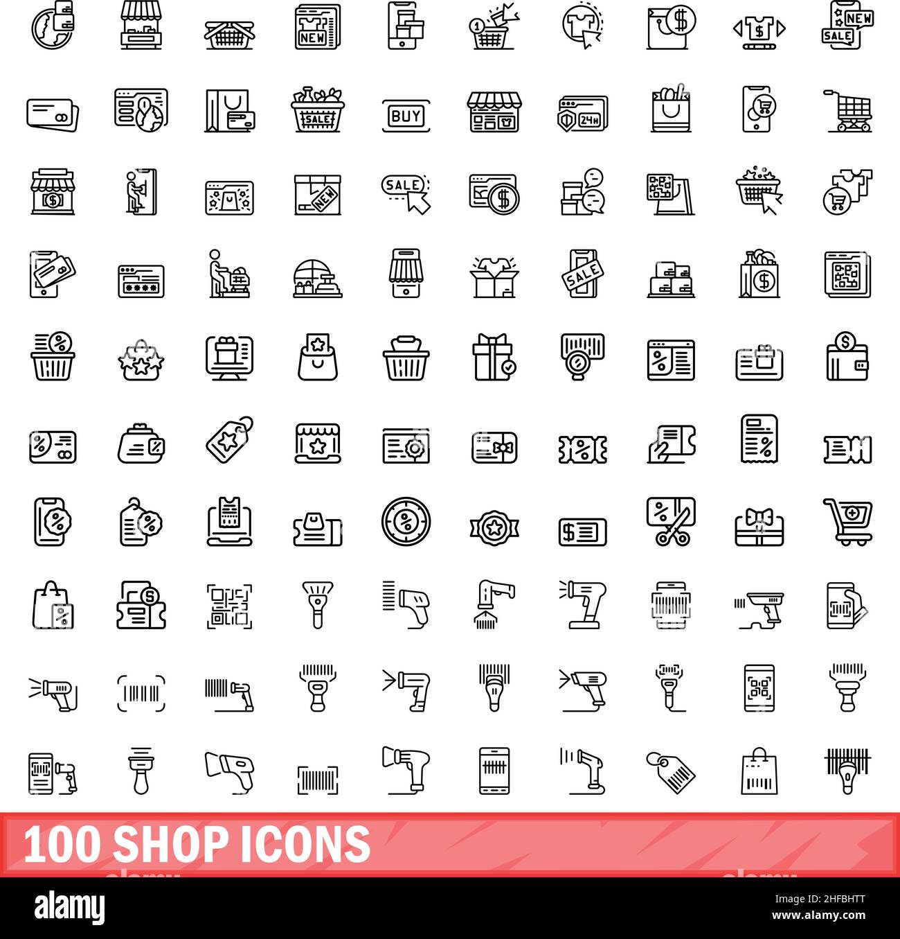 100 shop icons set. Outline illustration of 100 shop icons vector set isolated on white background Stock Vector