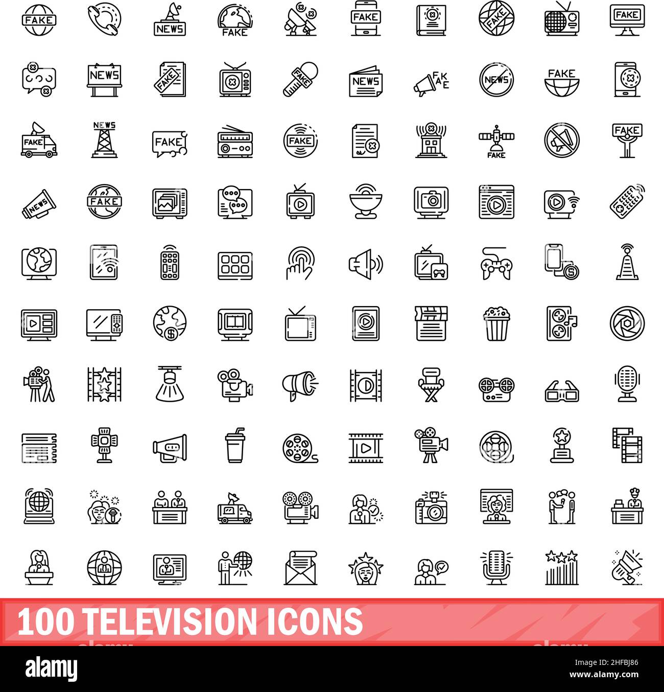 100 television icons set. Outline illustration of 100 television icons vector set isolated on white background Stock Vector
