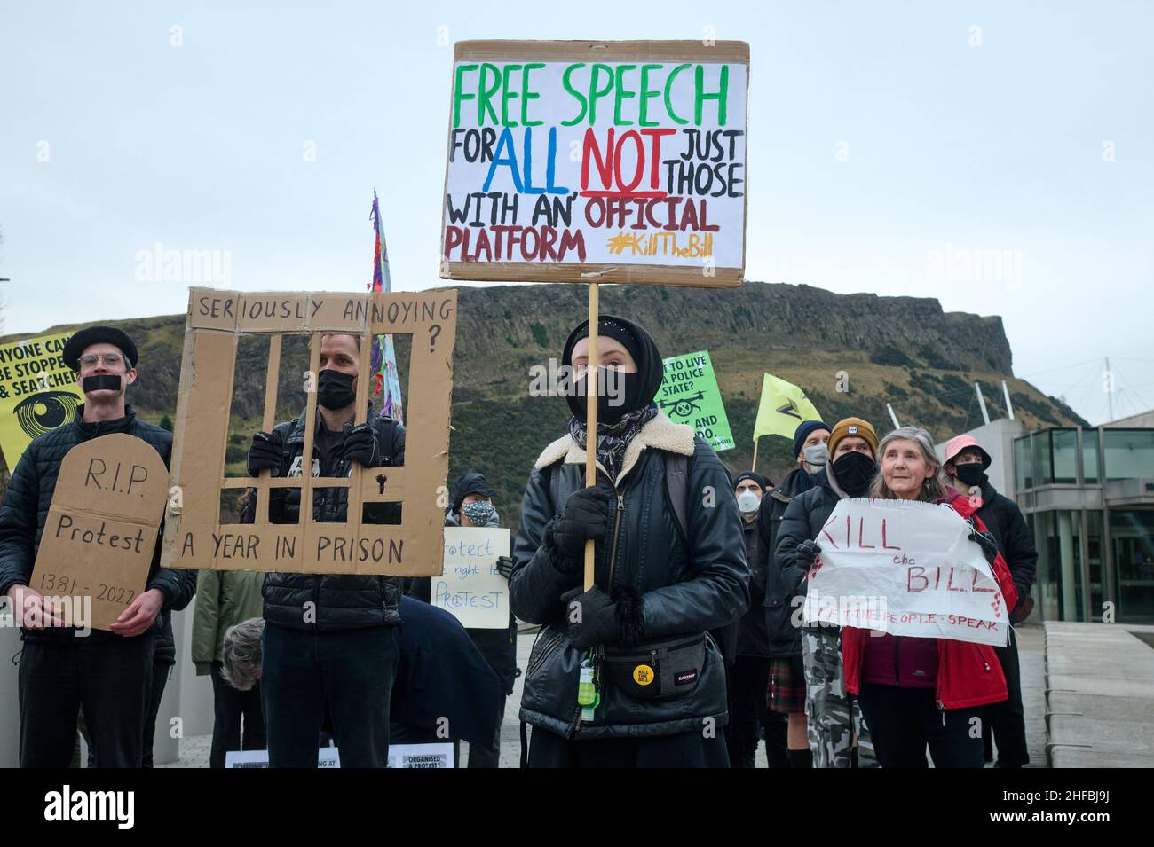 Edinburgh Scotland, UK January 15 2022. Extinction Rebellion protestors walk from Holyrood to the UK Government offices, Queen Elizabeth House, to protest against the UK Government’s Police Crime Sentencing and Court Bill. credit sst/alamy live news Stock Photo
