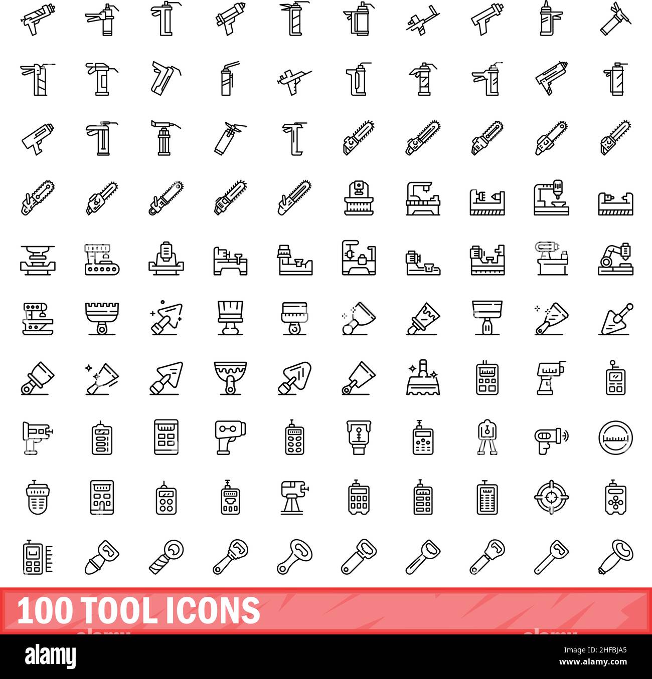100 tool icons set. Outline illustration of 100 tool icons vector set isolated on white background Stock Vector