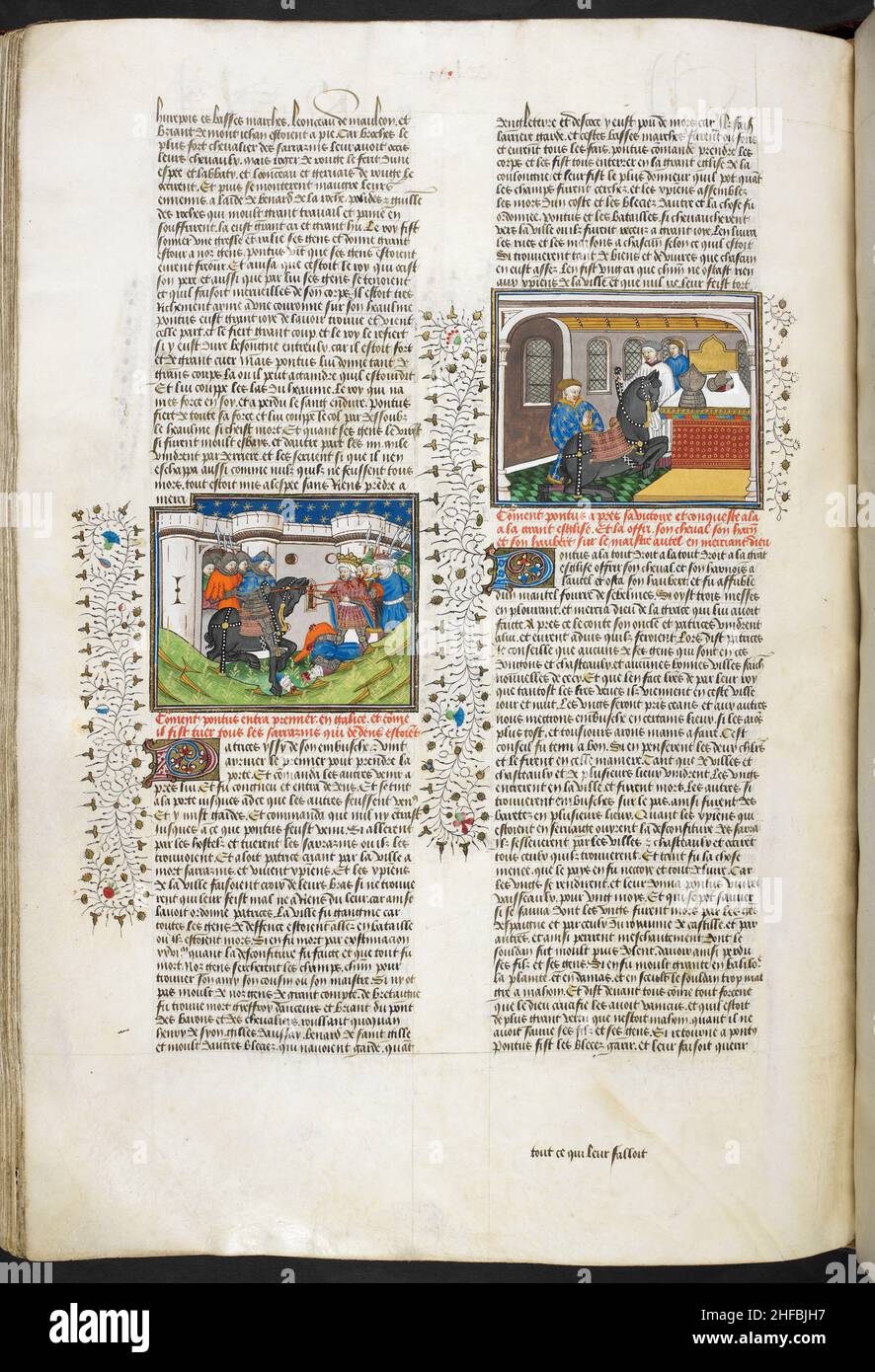 215v, Guennelet and the king hunting, with Ponthus and Sidoine courting in  the foreground.f. 216v, Ponthus embarking by ship into exile from  Brittany.f. 217v, Ponthus kills Corbaran who is invading England.f. 218v,