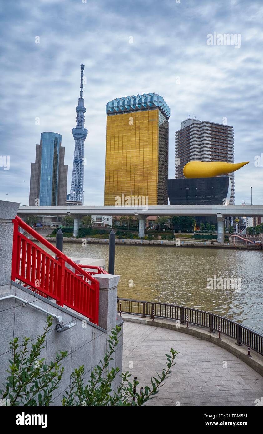 Tokyo, Japan - October 24, 2019: Asahi Beer Hall and Asahi Flame of Asahi Breweries headquarters, the most recognizable modern structures of Tokyo, lo Stock Photo
