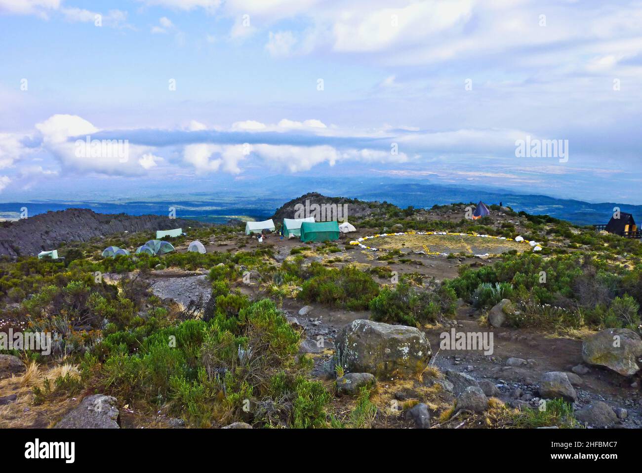camp with heli landing port at hte Mount Kilimanjaro trail in Africa Stock Photo