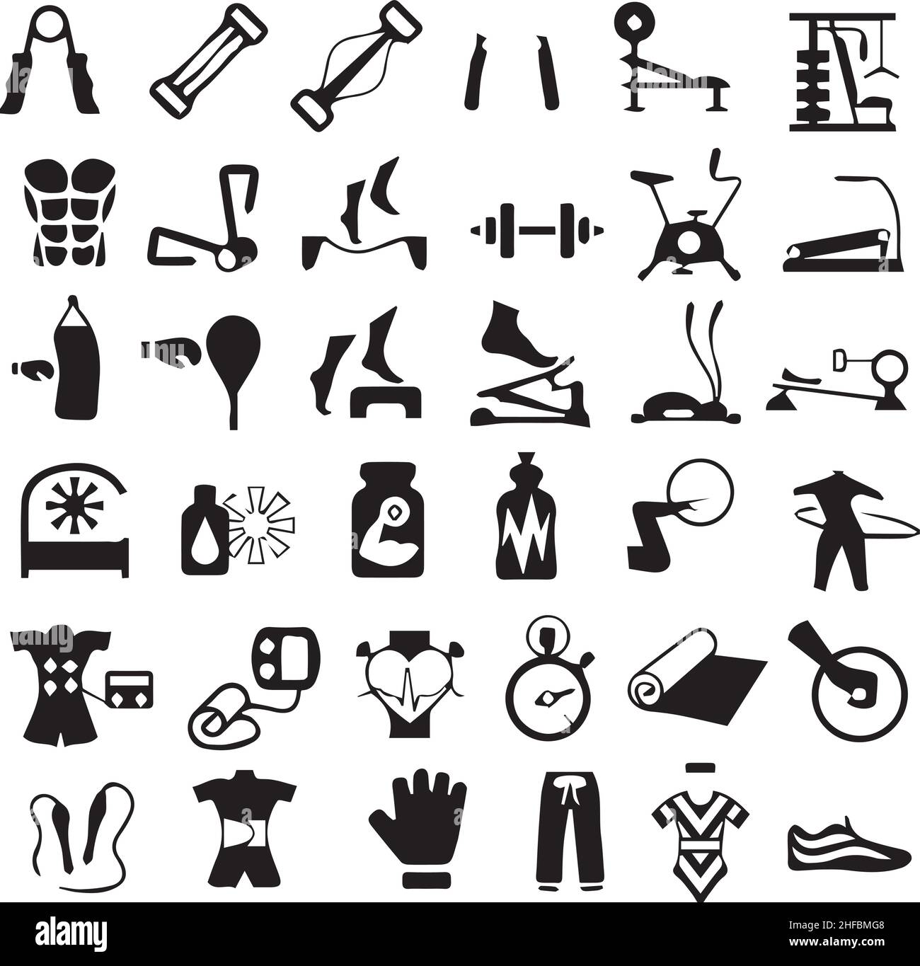 Exercise, Gym and Fitness Equipment Icons Stock Vector