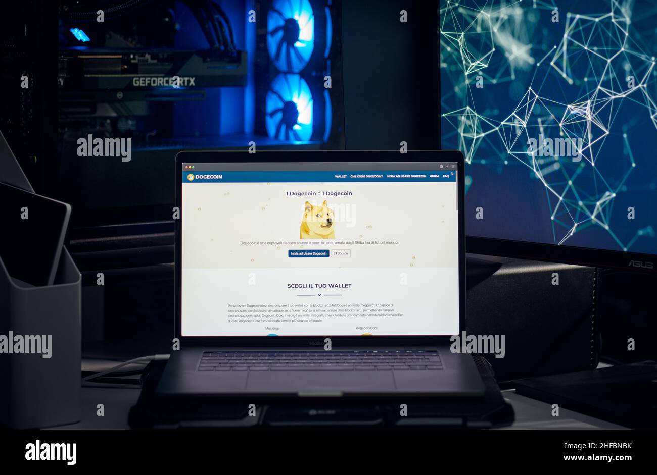 Milan, Italy - January 11, 2022: dogecoin - DOGE website's hp seen on a laptop screen. dogecoin, DOGE coin logo visible. Cryptocurrency, defi, nft con Stock Photo