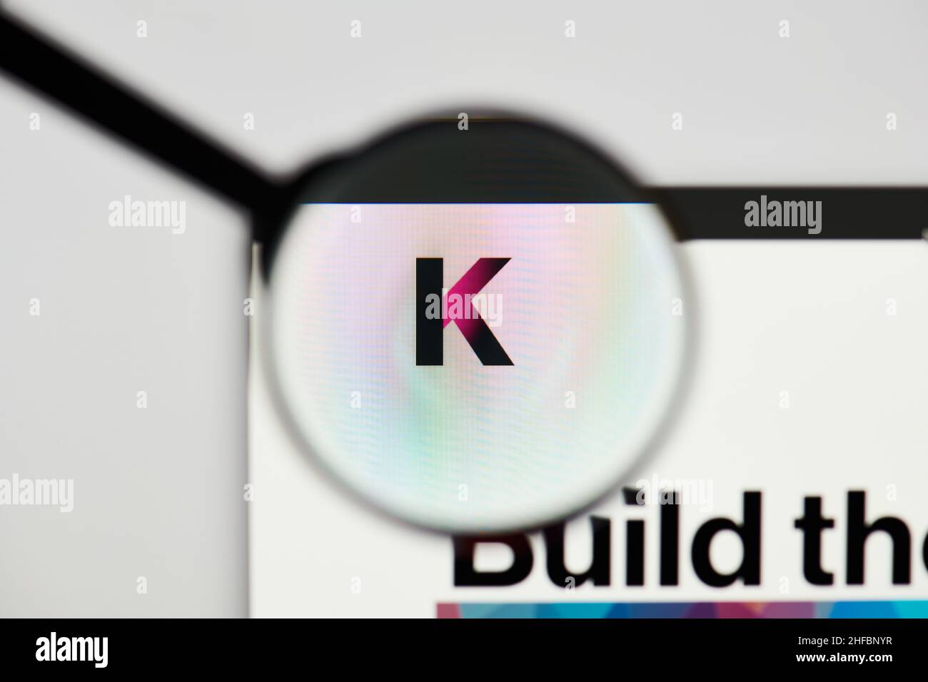 Milan, Italy - January 11, 2022: kadena - KDA website's hp.  kadena, KDA coin logo visible through a loope. Defi, ntf, cryptocurrency concepts illustr Stock Photo