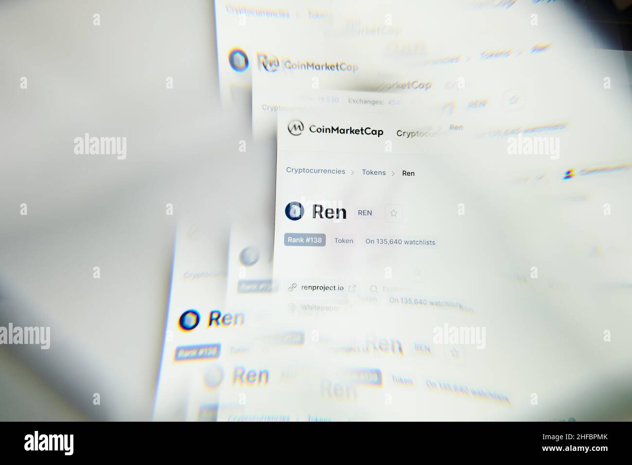 Milan, Italy - January 11, 2022: ren - REN logo on laptop screen seen through an optical prism. Dynamic and unique image form ren, REN coin website. I Stock Photo