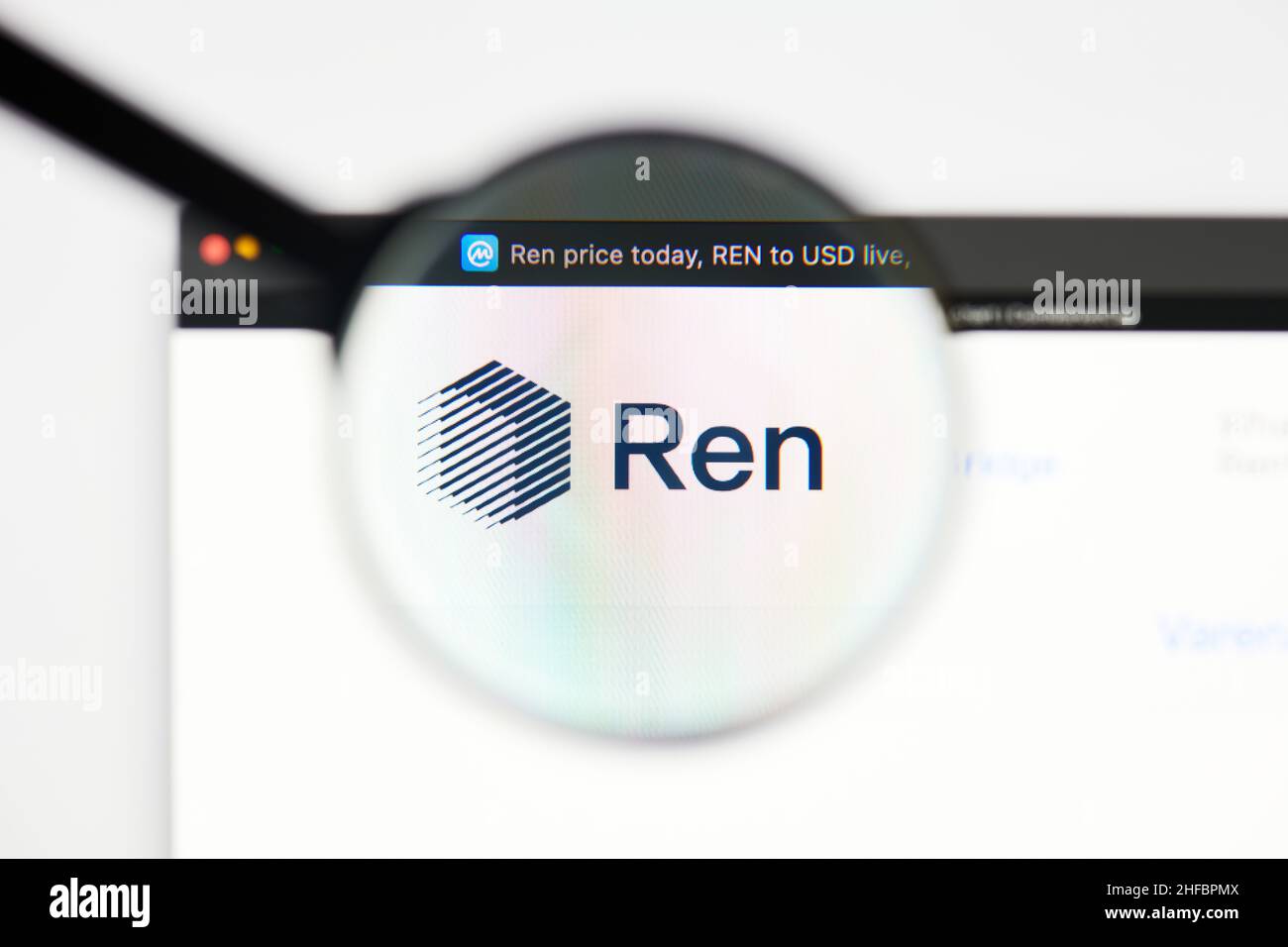 Milan, Italy - January 11, 2022: ren - REN website's hp.  ren, REN coin logo visible through a loope. Defi, ntf, cryptocurrency concepts illustrative Stock Photo