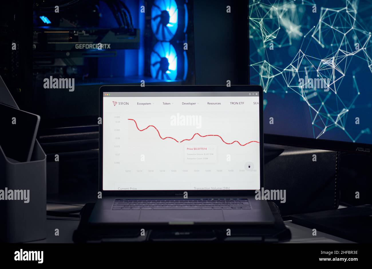 Milan, Italy - January 11, 2022: tron - TRX website's hp seen on a laptop screen. tron, TRX coin logo visible. Cryptocurrency, defi, nft concepts illu Stock Photo