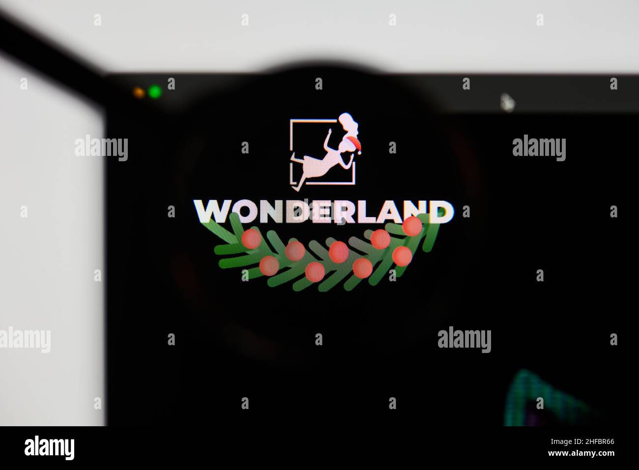 Milan, Italy - January 11, 2022: wonderland - TIME website's hp.  wonderland, TIME coin logo visible through a loope. Defi, ntf, cryptocurrency concep Stock Photo