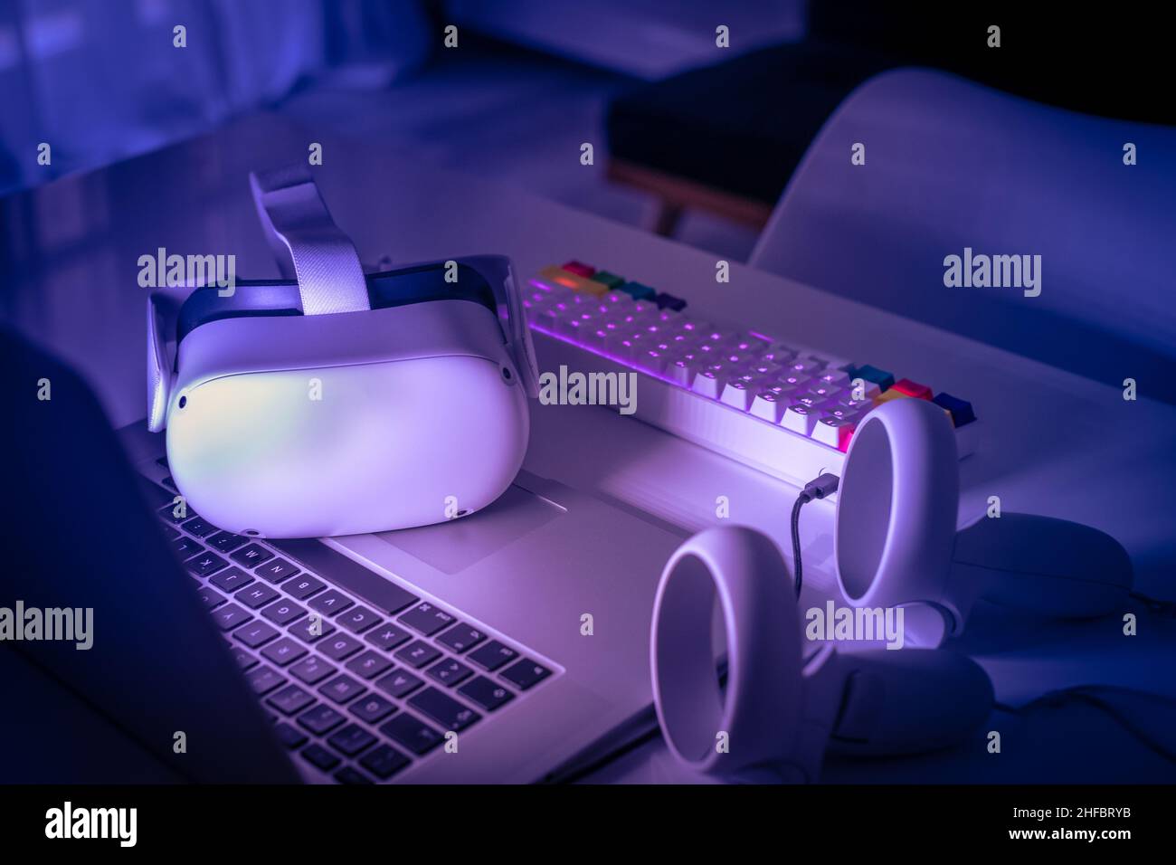 Virtual reality devices on the desk. Laptop VR 3D viewer air joystick