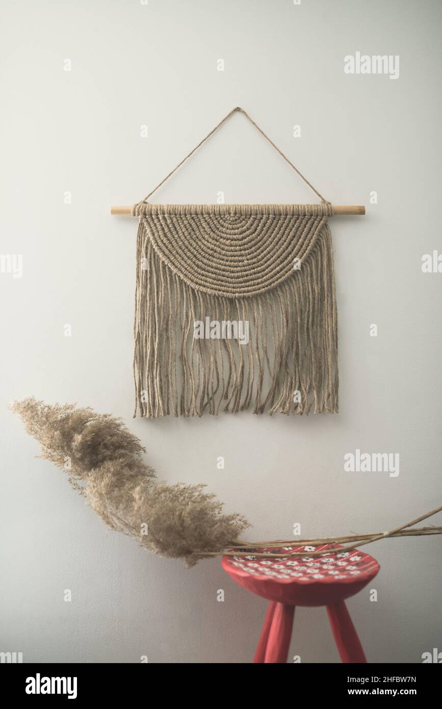 Handmade macramé jute half circle wall hanging decoration with macrame