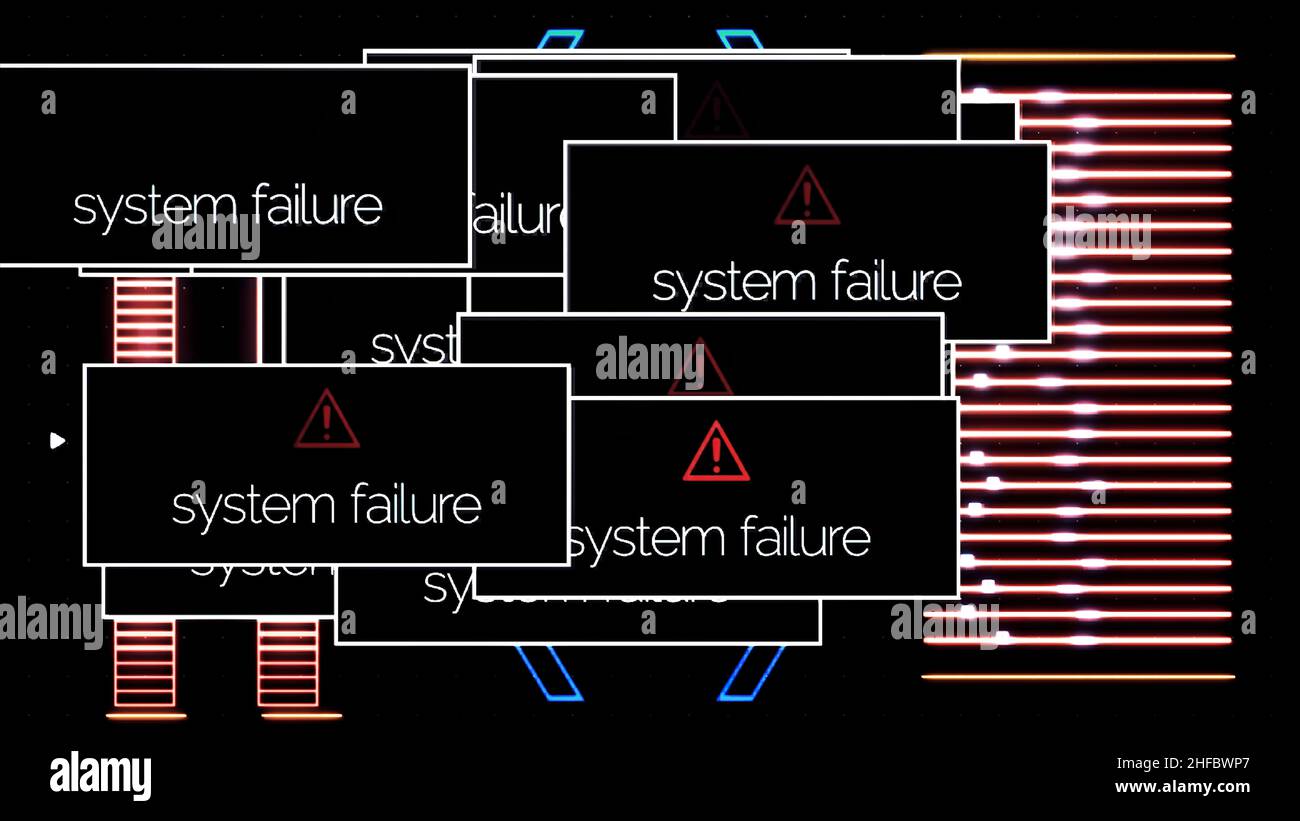 Abstract laptop screen with system damage error messages and signal noise, cyber security concept. System failure pop ups on the computer monitor chan Stock Photo