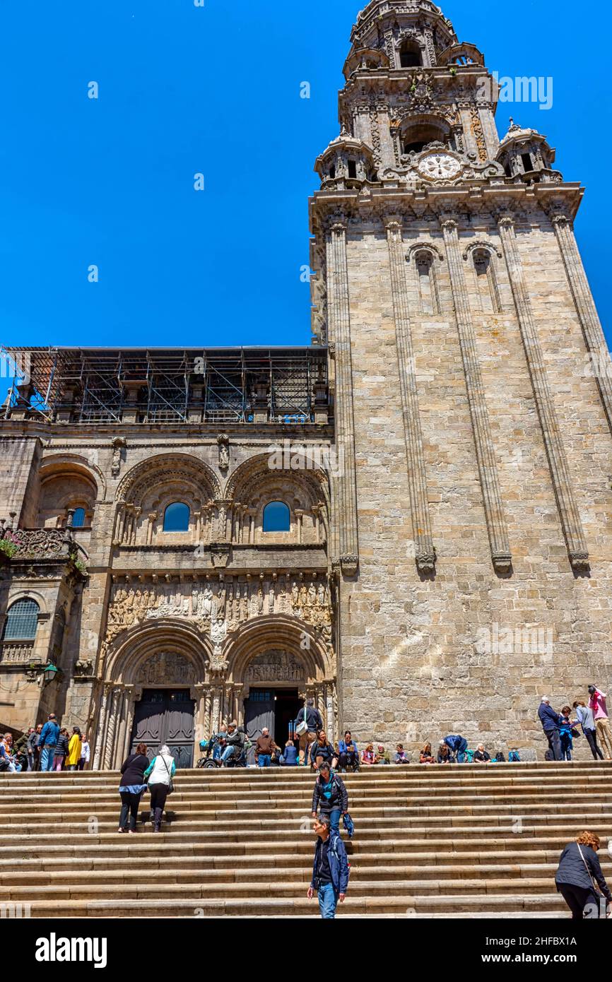 Fachada del reloj en la catedral de Santiago de Compostela, España Stock Photo
