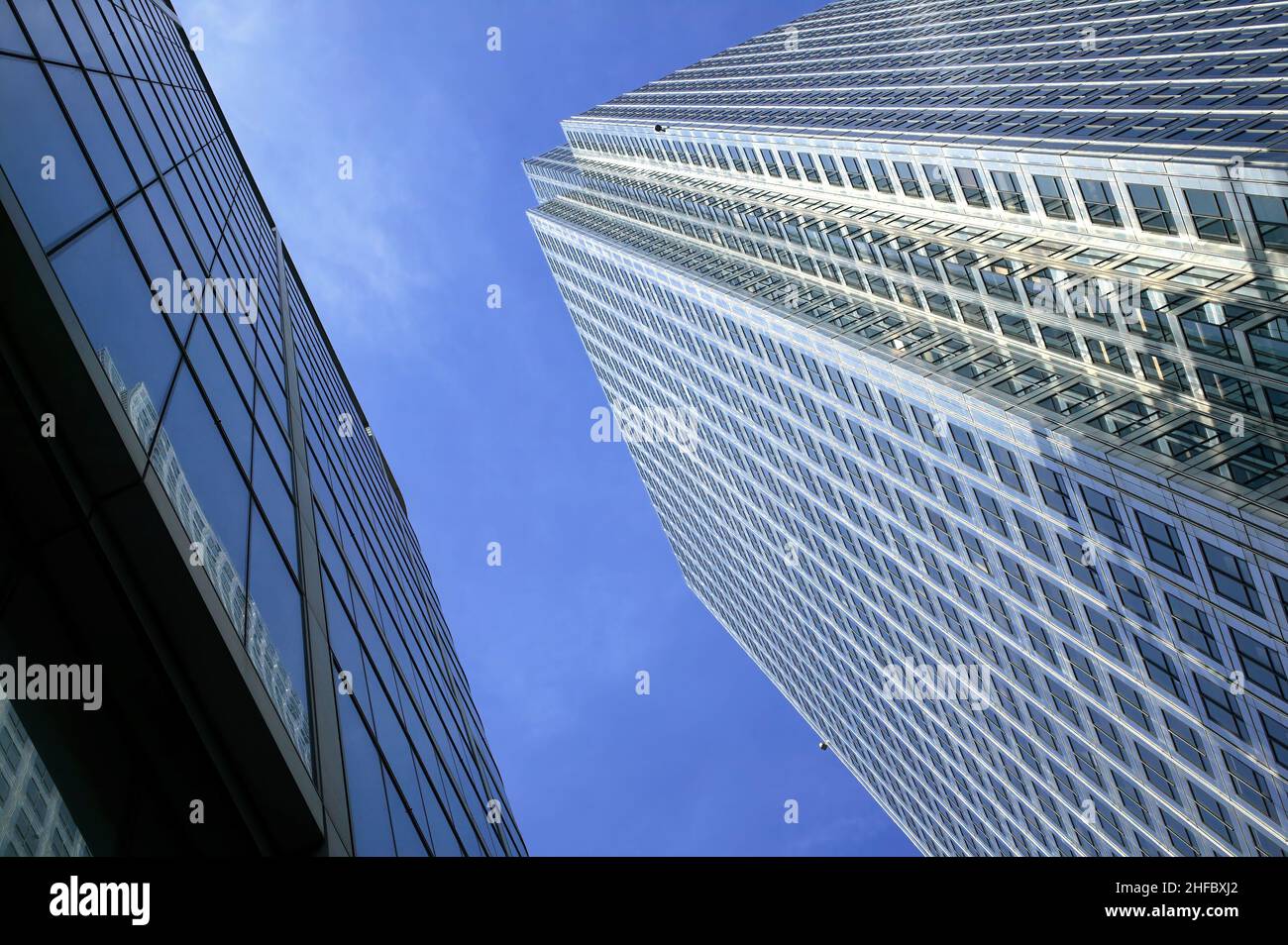 Looking up at a skyline of modern architecture skyscraper of tower blocks in a downtown financial district of London England UK, stock photo image Stock Photo