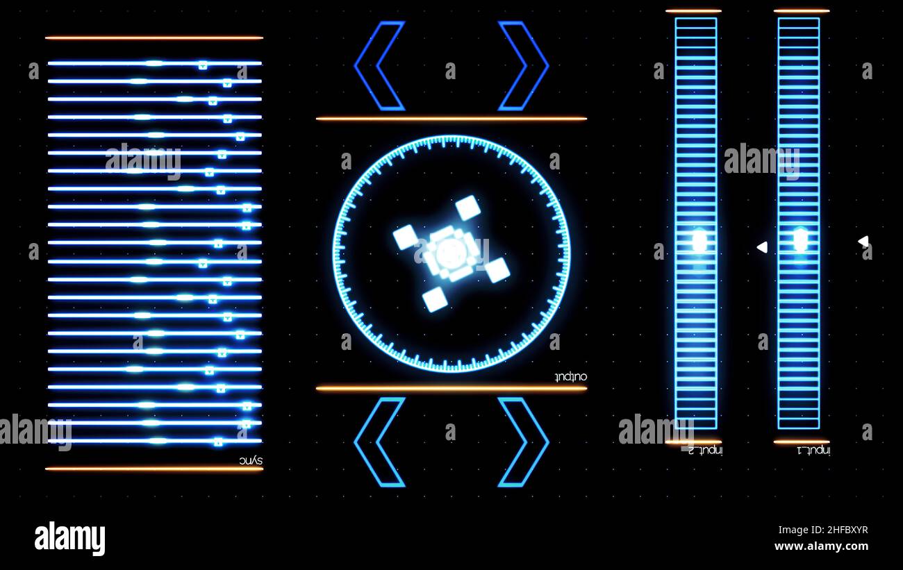Futuristic digital interface screen with running computer program. Abstract functioning system application on black background. Stock Photo