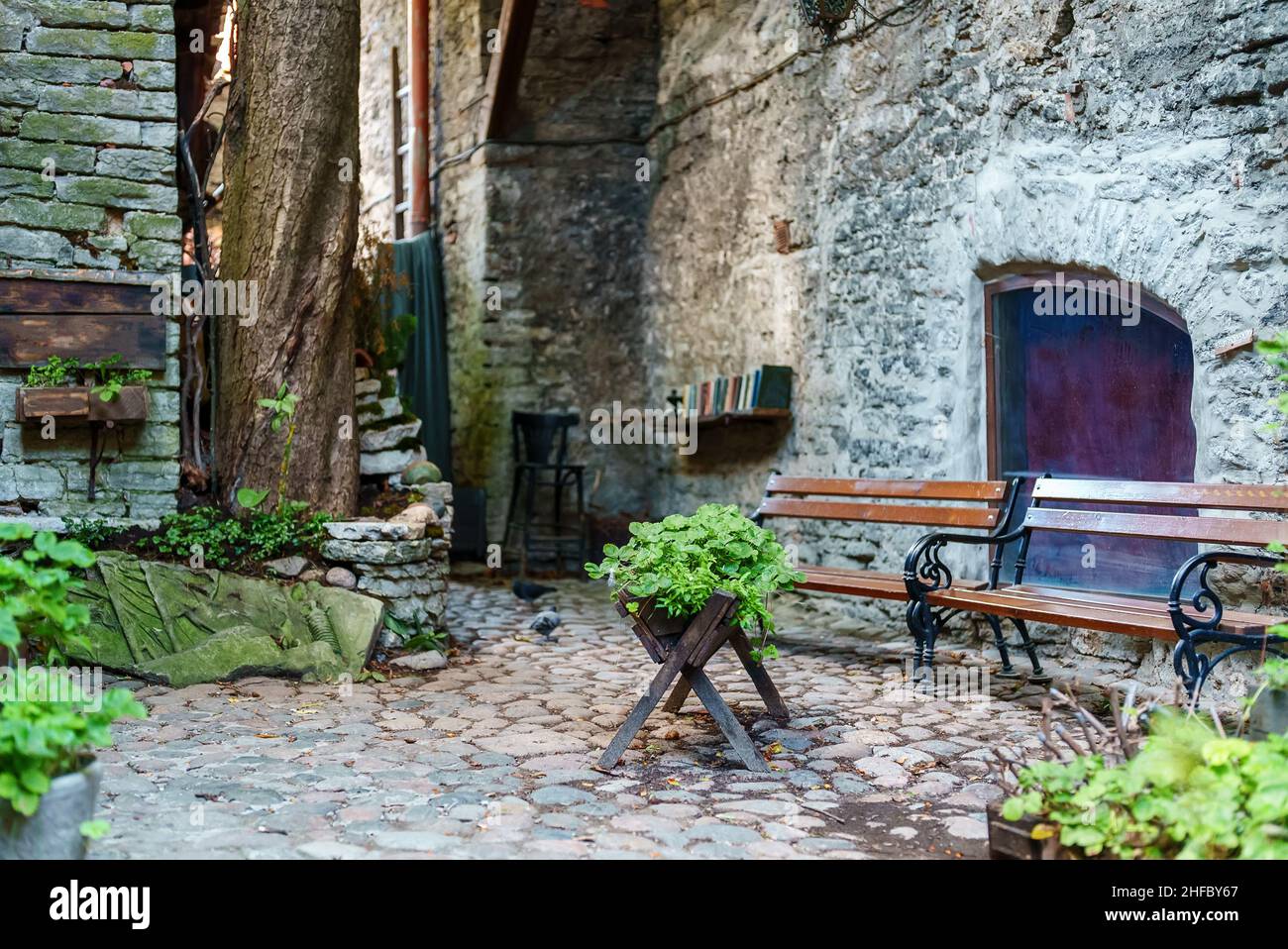 Cozy courtyard with benches in old town Stock Photo - Alamy