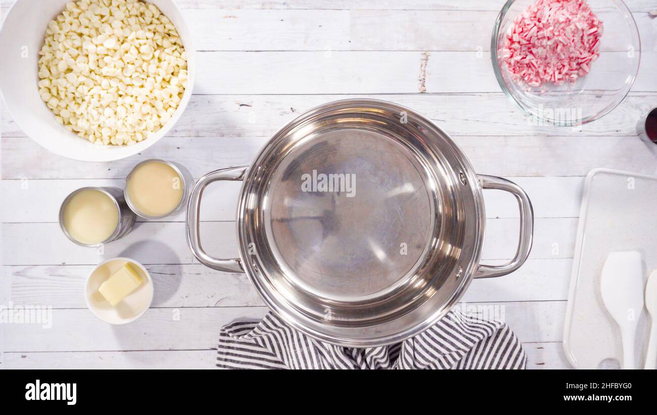 Flat lay. Step by step. Melting white chocolate chips in the cooking