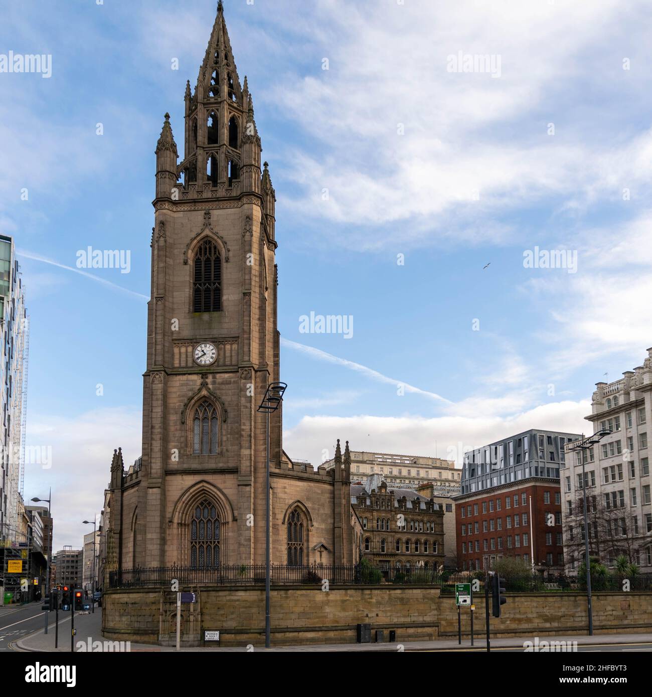 Liverpool, UK - 6 January 2020: The famous Church of St Nicholas, the Anglican parish church of Liverpool. Cityscape in city centre Liverpool near Alb Stock Photo
