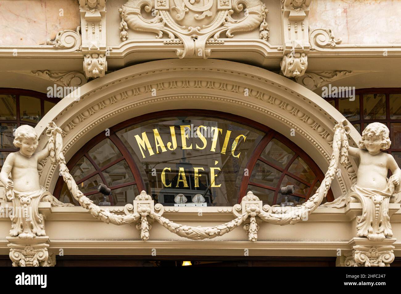 Porto, Portugal - 19 Nov 2020: The popular and expensive Majestic Café in city centre Porto. Very popular, very exclusive. Inside features ornate wood Stock Photo