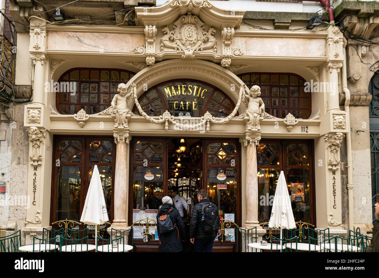 Porto, Portugal - 19 Nov 2020: The popular and expensive Majestic Café in city centre Porto. Very popular, very exclusive. Inside features ornate wood Stock Photo