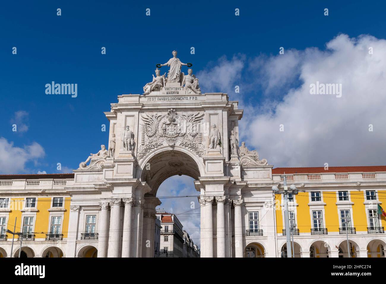 Rua Augusta Arch is a stone triumphal arch in Praça do Comércio square, Lisbon, Portugal. It was built to commemorate the city's reconstruction Stock Photo