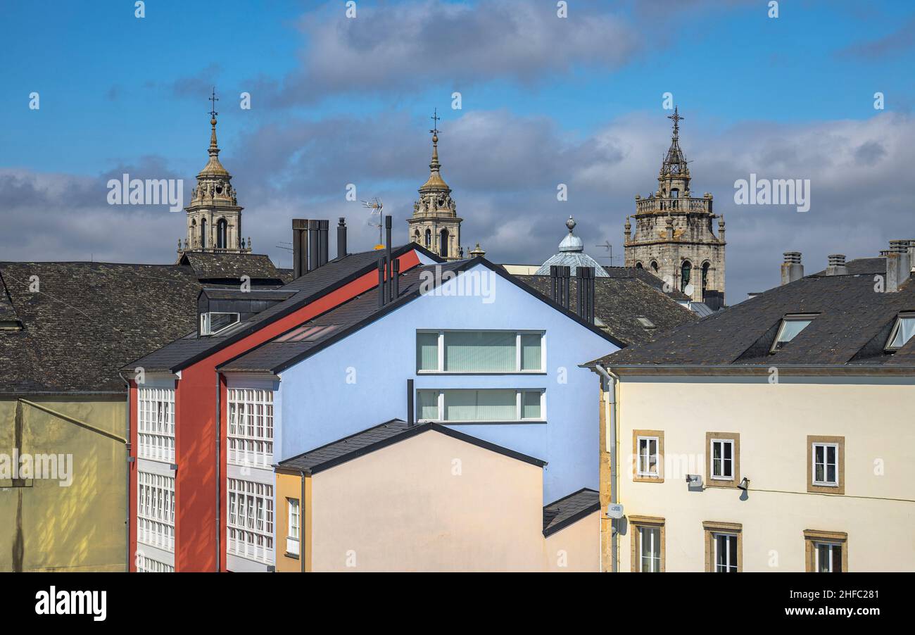 Lugo Cathedral and Colorfull houses in Lugo, Galicia, Spain Stock Photo