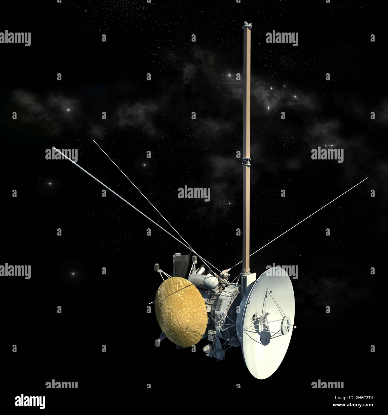 Unmanned spacecraft similar to the Cassini Huygens orbiter satellite, with the isolation path included in the 3D illustration. Stock Photo