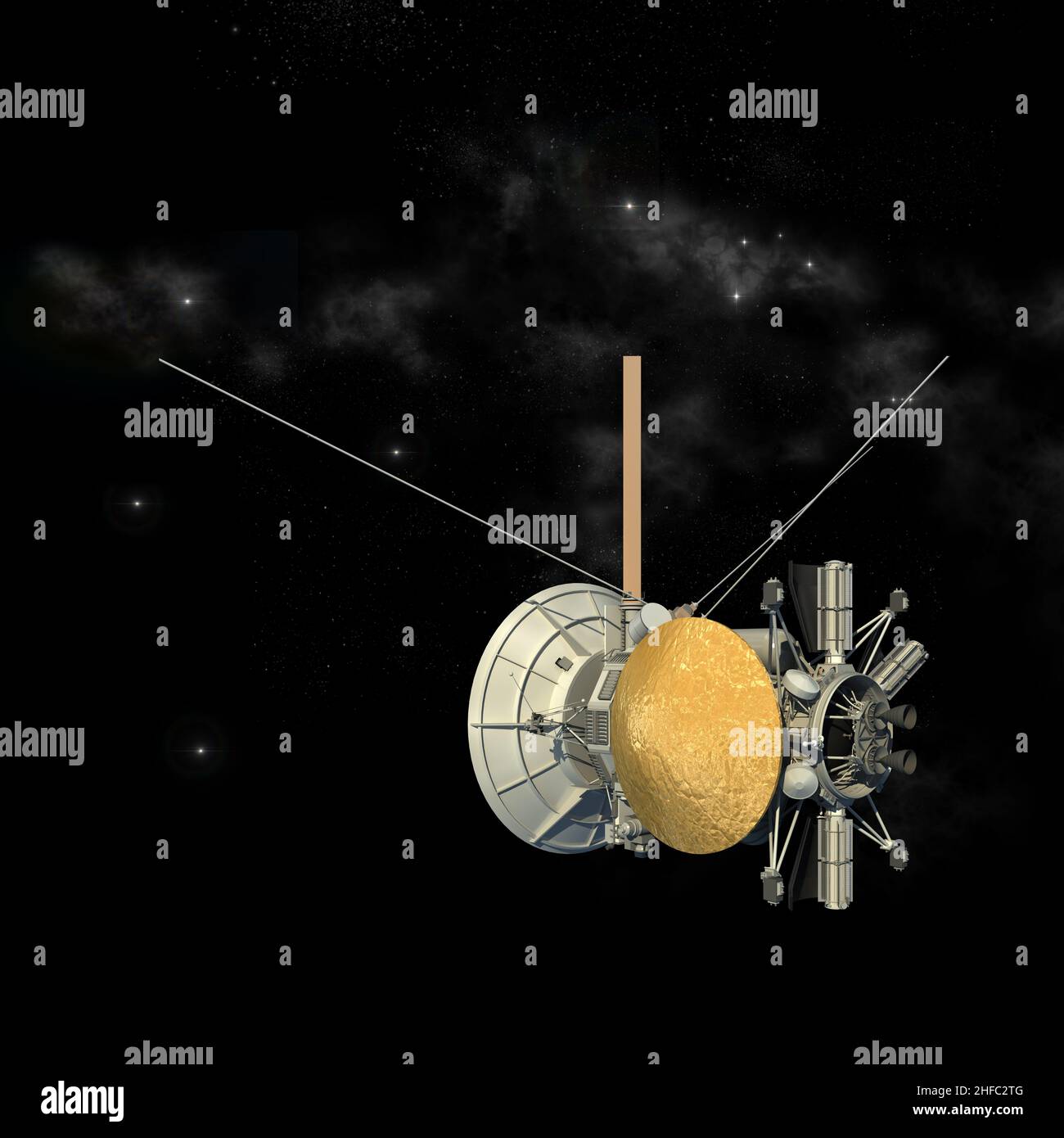 Unmanned spacecraft similar to the Cassini Huygens orbiter satellite, with the isolation path included in the 3D illustration. Stock Photo