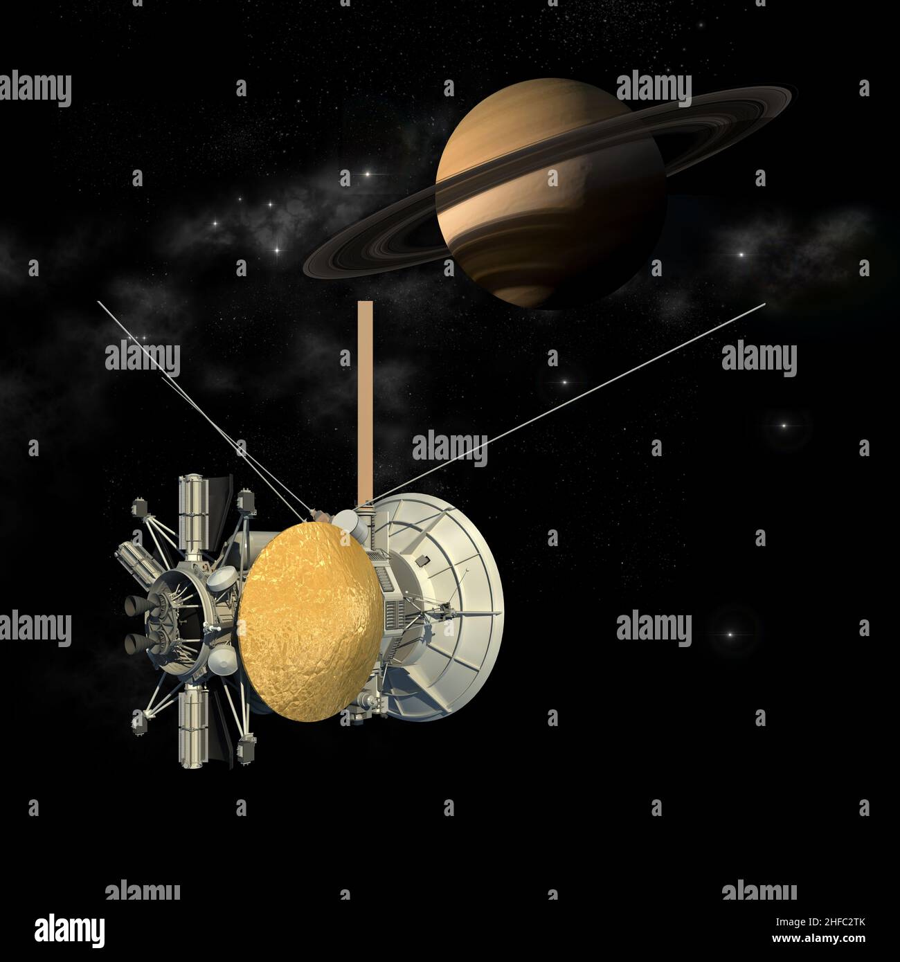 An unmanned spacecraft similar to the Cassini Huygens orbiter satellite, passing the planet Saturn with the isolation path included in the 3D illustra Stock Photo