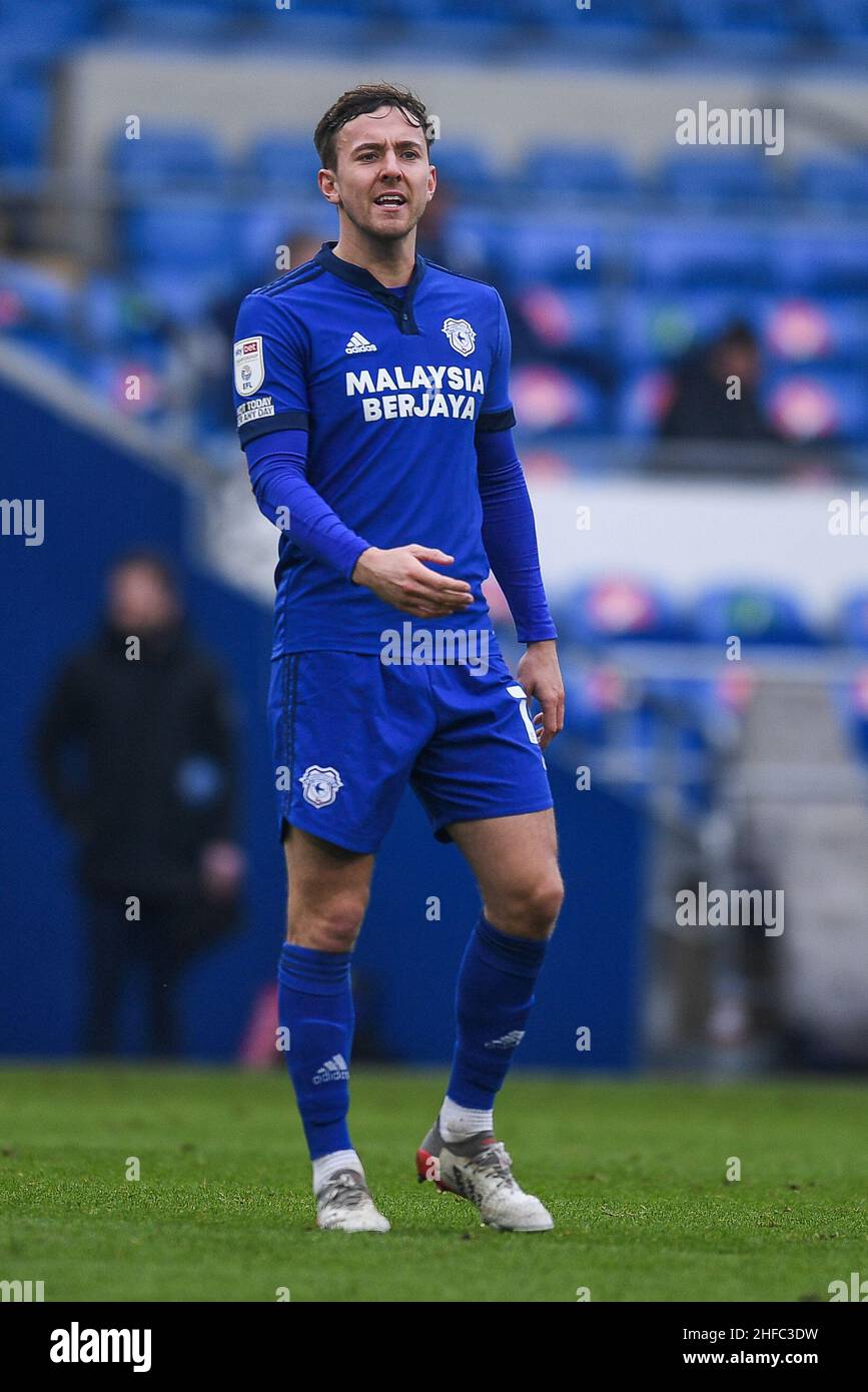 John Buckley #21 of Blackburn Rovers Under pressure fromAndy Rinomhota #35  of Cardiff City during the Sky Bet Championship match Cardiff City vs  Blackburn Rovers at Cardiff City Stadium, Cardiff, United Kingdom