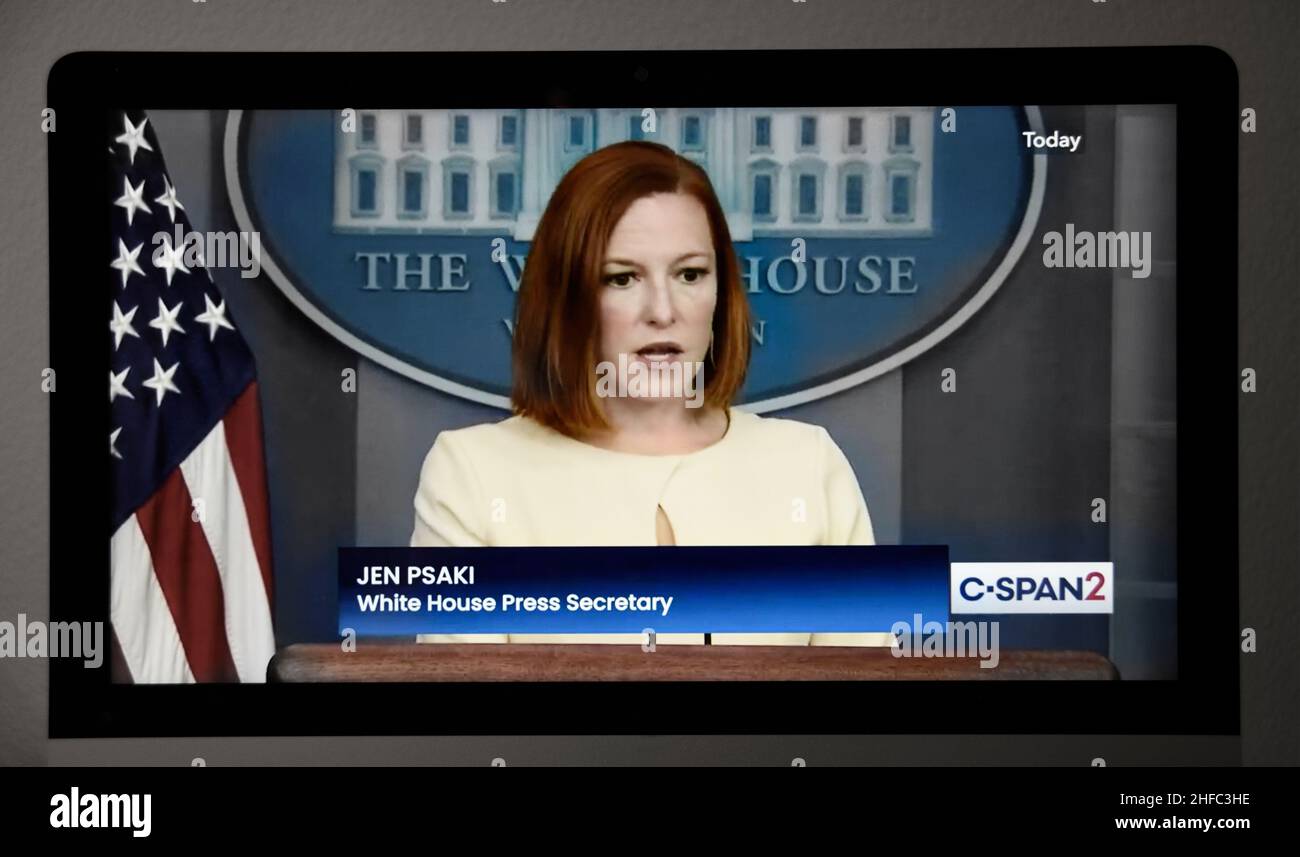 C-SPAN screenshot of White House Press Secretary Jen Psaki talking with news reporters at the Whsite House in Washington, D.C. Stock Photo