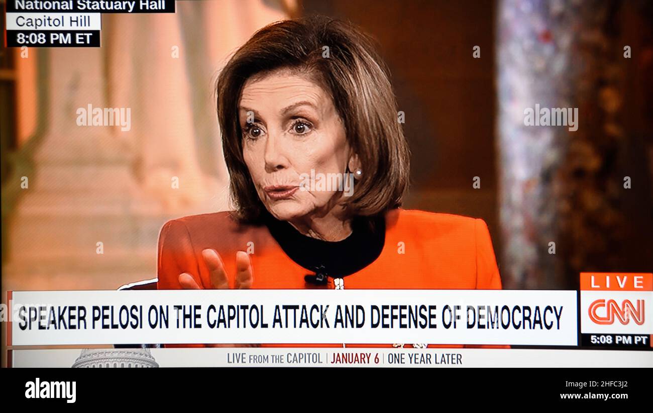 Screenshot of CNN broadcast of U.S. House Speaker Nancy Pelosi speaking on the one-year anniversary of the Jan. 6, 2021 attack on the U.S. Capitol. Stock Photo