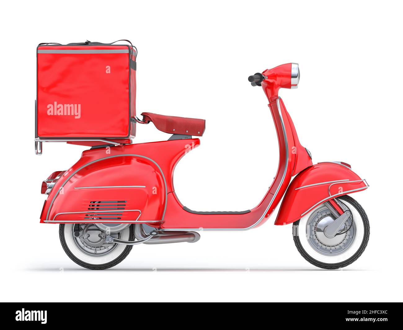 Scooter express delivery service. Red motor bike with delivery bag