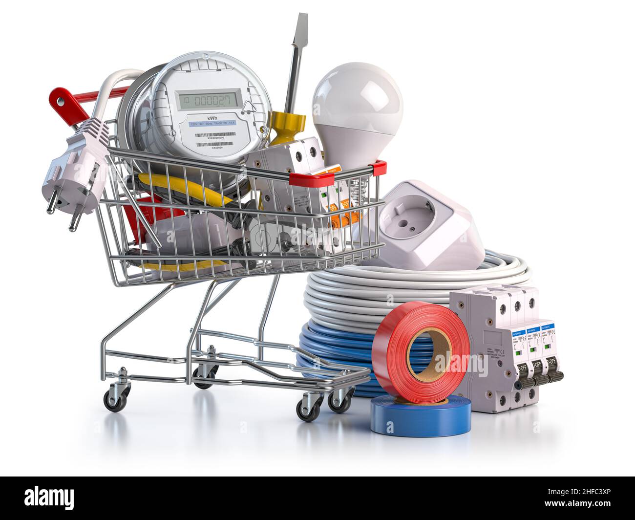 Shopping cart full of electrical components and equipment isolated on