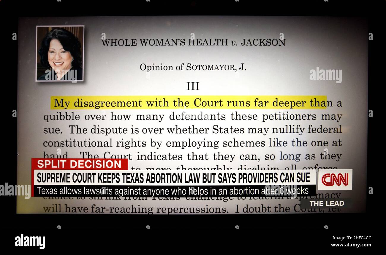 Screenshot of CNN broadcast and Associate Justice Sonia Sotomayor's dissenting opinion of split decision U.S. Supreme Court abortion ruling. Stock Photo