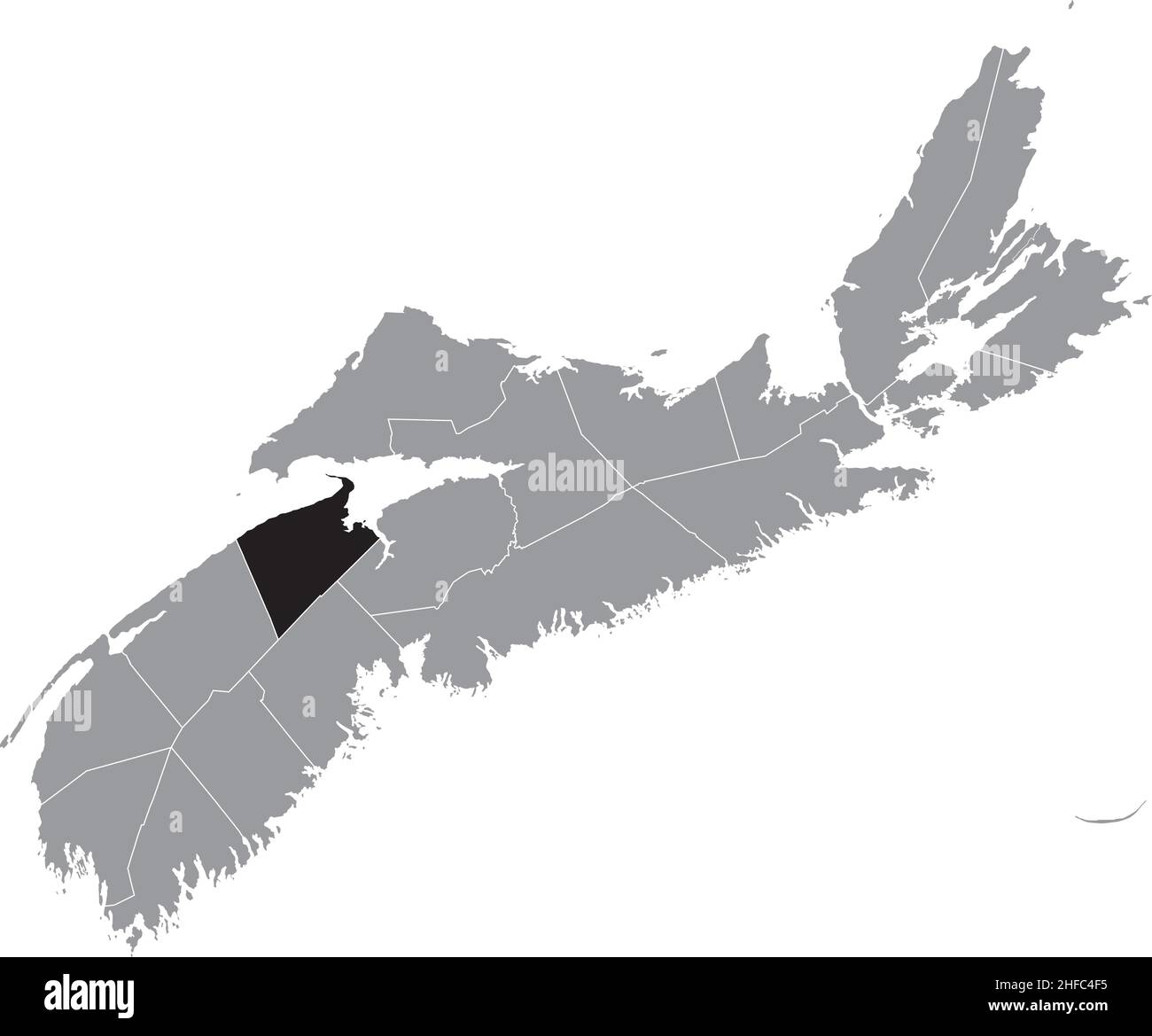 Black flat blank highlighted location map of the KINGS COUNTY inside gray administrative map of counties of Canadian province of Nova Scotia, Canada Stock Vector