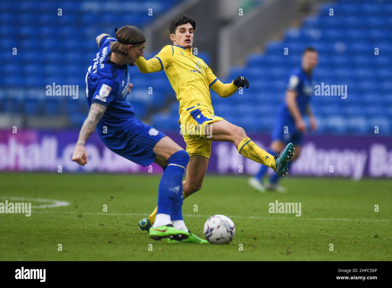 John Buckley #21 of Blackburn Rovers Under pressure fromAndy Rinomhota #35  of Cardiff City during the Sky Bet Championship match Cardiff City vs  Blackburn Rovers at Cardiff City Stadium, Cardiff, United Kingdom