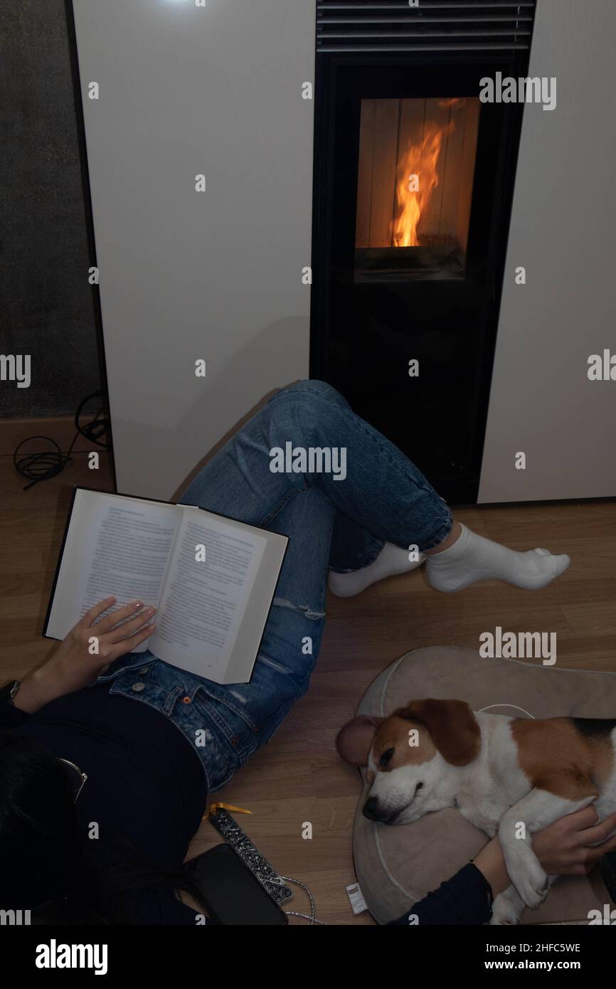 young girl reading a book by the warmth of the stove and her beagle dog Stock Photo