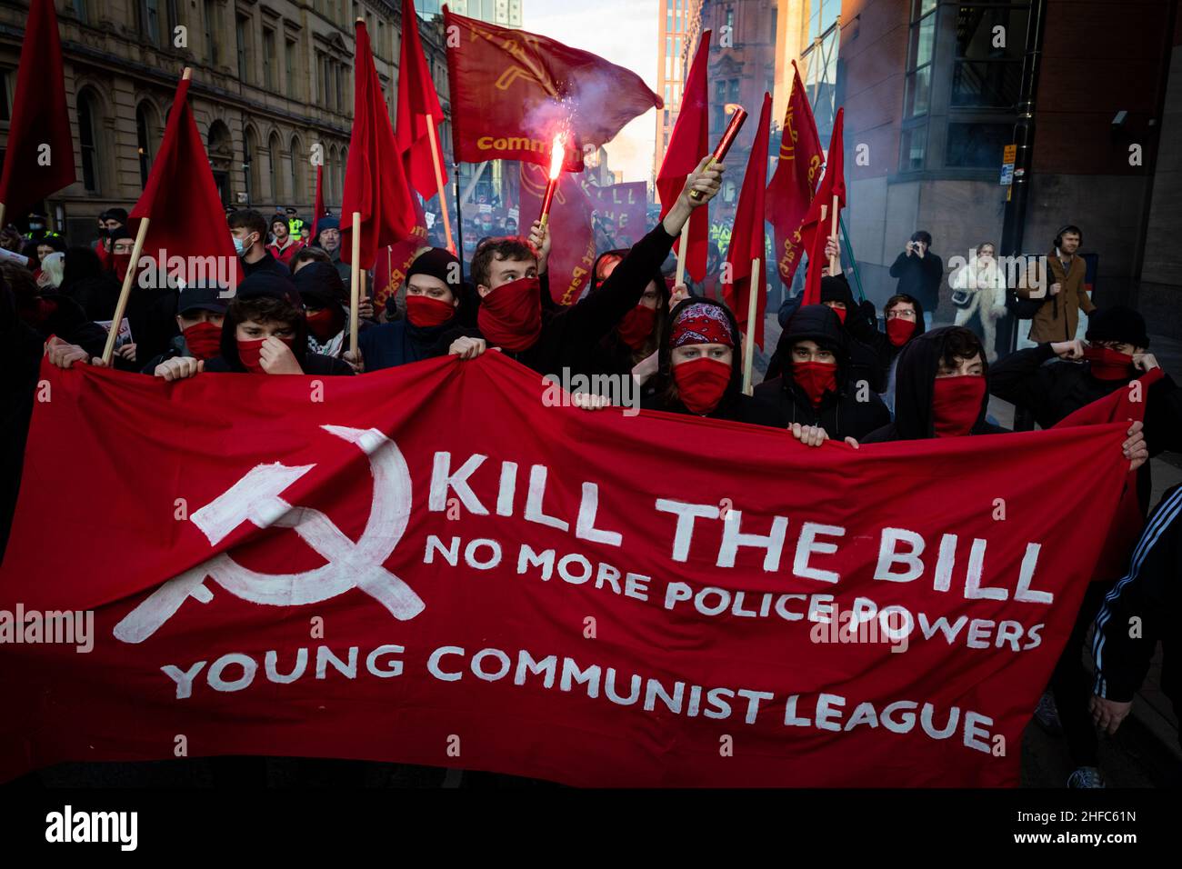Manchester, UK. 15th Jan, 2022. The YCL march with the Kill The Bill protesters during a national day of action. Protests across the country have been organised due to the proposed Police, Crime, Sentencing and Courts Bill. that, if passed, would introduce new legislation around demonstrations.ÊAndy Barton/Alamy Live News Credit: Andy Barton/Alamy Live News Stock Photo