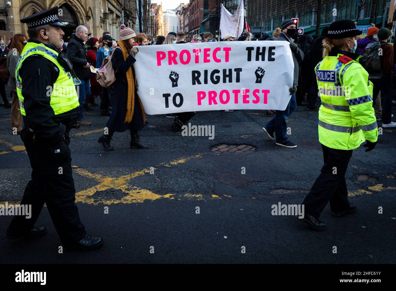 Manchester, UK. 15th Jan, 2022. The police follow the protesters during a Kill The Bill march. Protests across the country have been organised due to the proposed Police, Crime, Sentencing and Courts Bill. that, if passed, would introduce new legislation around demonstrations.ÊAndy Barton/Alamy Live News Credit: Andy Barton/Alamy Live News Stock Photo