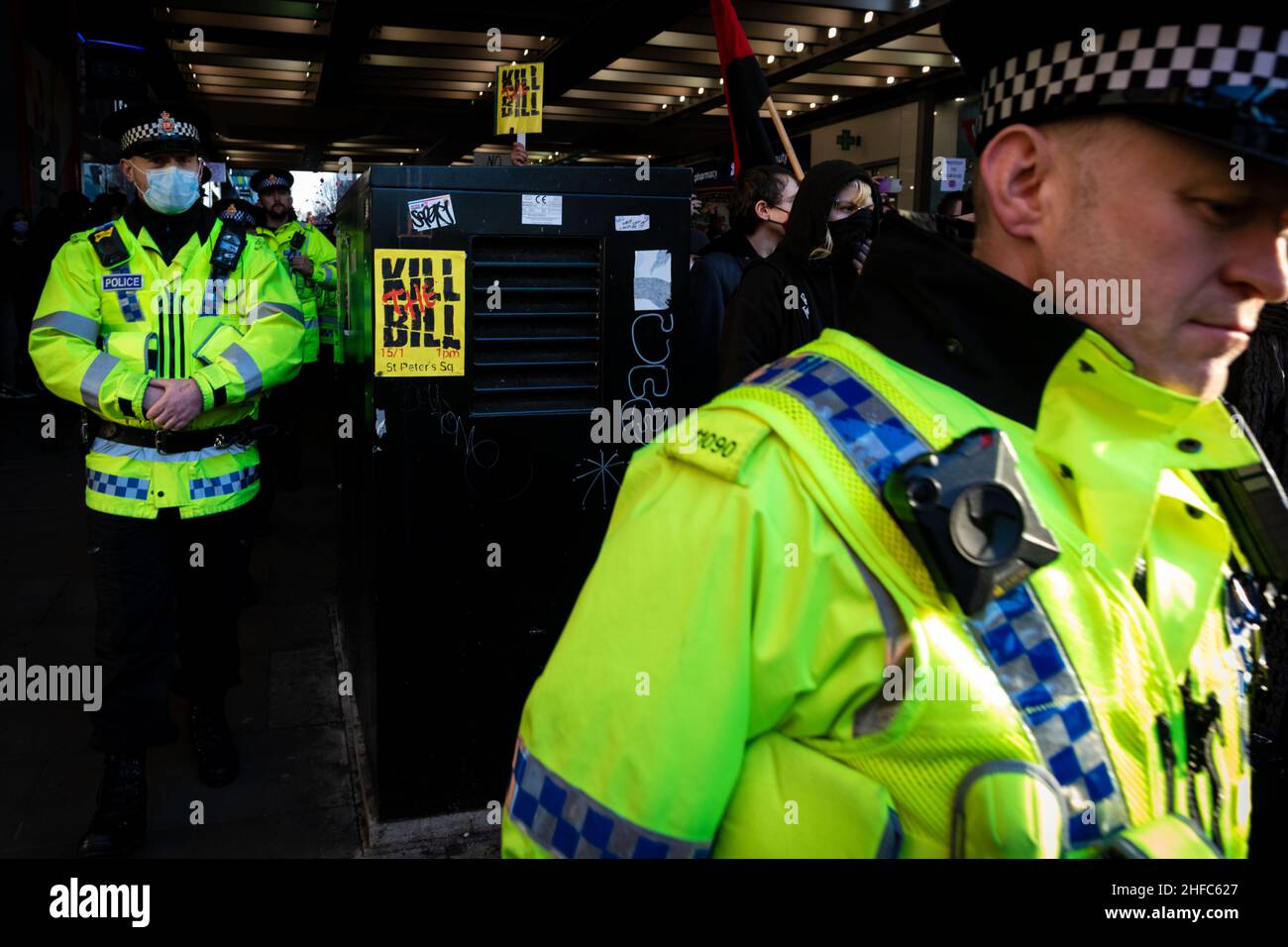 Manchester, UK. 15th Jan, 2022. The police follow the protesters during a Kill The Bill march. Protests across the country have been organised due to the proposed Police, Crime, Sentencing and Courts Bill. that, if passed, would introduce new legislation around demonstrations.ÊAndy Barton/Alamy Live News Credit: Andy Barton/Alamy Live News Stock Photo
