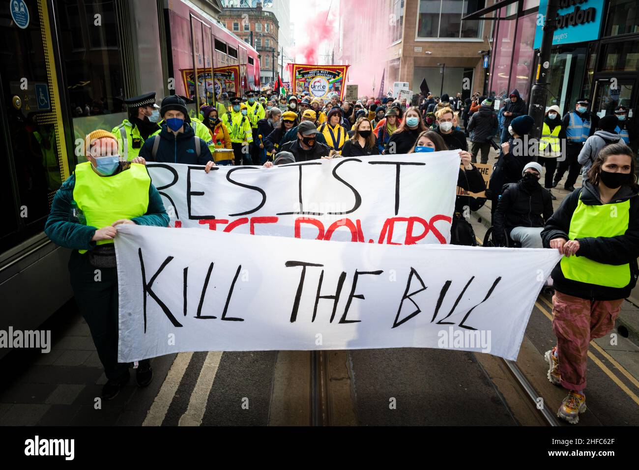 Manchester, UK. 15th Jan, 2022. Hundreds of people march during a Kill The Bill national day of action. Protests across the country have been organised due to the proposed Police, Crime, Sentencing and Courts Bill. that, if passed, would introduce new legislation around demonstrations.ÊAndy Barton/Alamy Live News Credit: Andy Barton/Alamy Live News Stock Photo