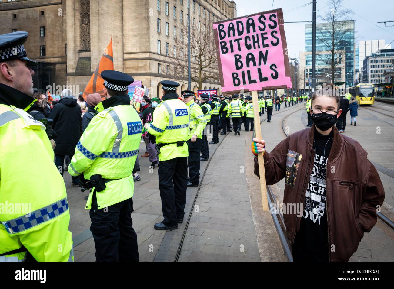 Manchester, UK. 15th Jan, 2022. A protester with a placard awaits the start of the Kill The Bill march. Protests across the country have been organised due to the proposed Police, Crime, Sentencing and Courts Bill. that, if passed, would introduce new legislation around demonstrations.ÊAndy Barton/Alamy Live News Credit: Andy Barton/Alamy Live News Stock Photo