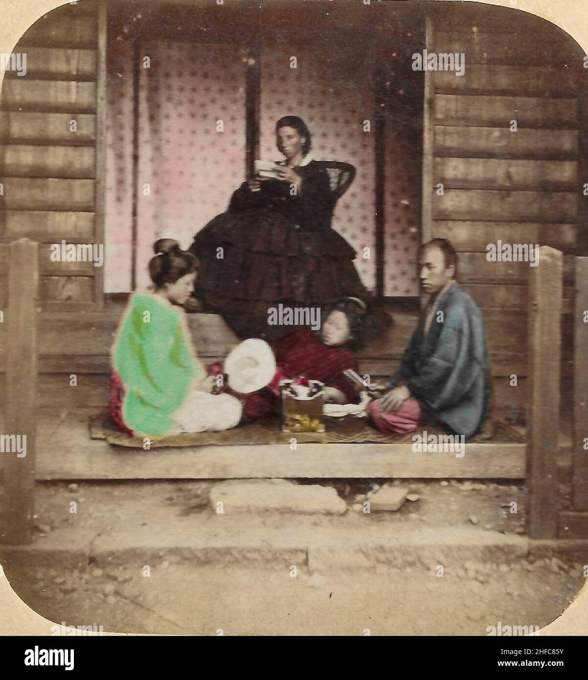 Stereoview - Views in Japan by Rossier - no 74 Group of European Lady and Japanese Attendants at the Vice Consulate , Kanagawa Stock Photo