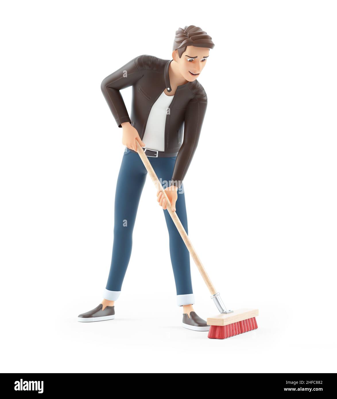 3d cartoon man pushing a broom, illustration isolated on white